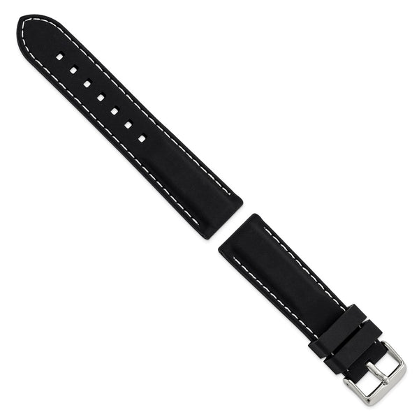 22mm Black Smooth Silicone White Stitch Silver-tone Buckle Watch Band