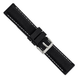 22mm Black Smooth Silicone White Stitch Silver-tone Buckle Watch Band