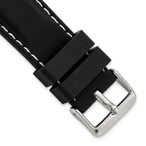 22mm Black Smooth Silicone White Stitch Silver-tone Buckle Watch Band