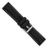 24mm Black Smooth Silicone White Stitch Silver-tone Buckle Watch Band