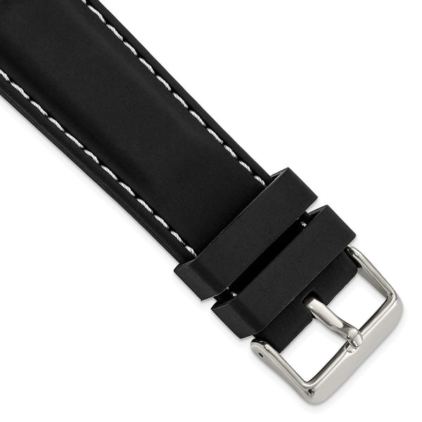 24mm Black Smooth Silicone White Stitch Silver-tone Buckle Watch Band