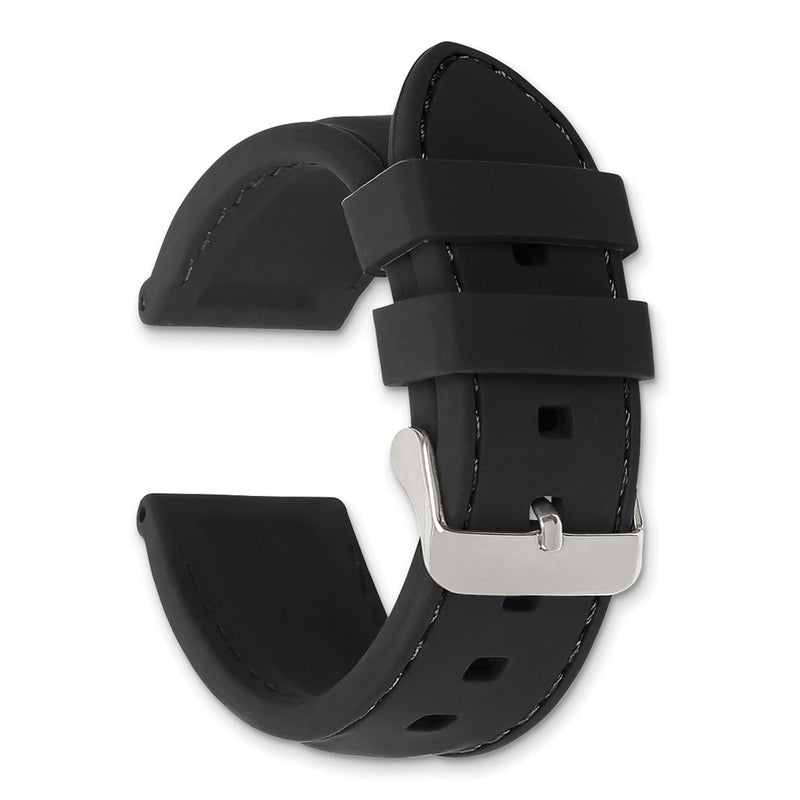 DeBeer 20mm Black Smooth Silicone with Black Stitching and Silver-tone Buckle 8 inch Watch Band