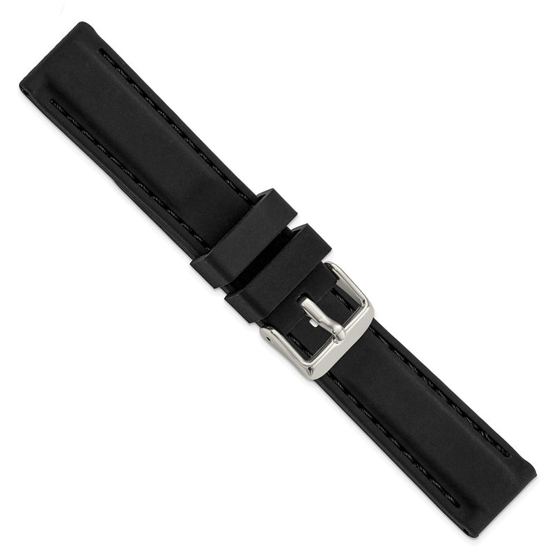 DeBeer 20mm Black Smooth Silicone with Black Stitching and Silver-tone Buckle 8 inch Watch Band