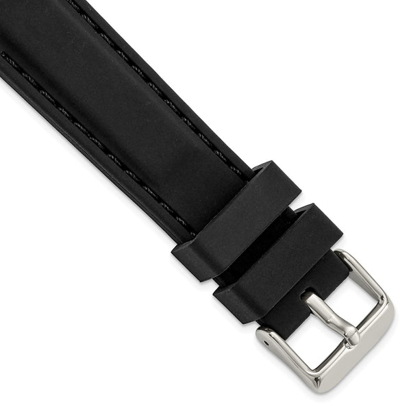DeBeer 20mm Black Smooth Silicone with Black Stitching and Silver-tone Buckle 8 inch Watch Band