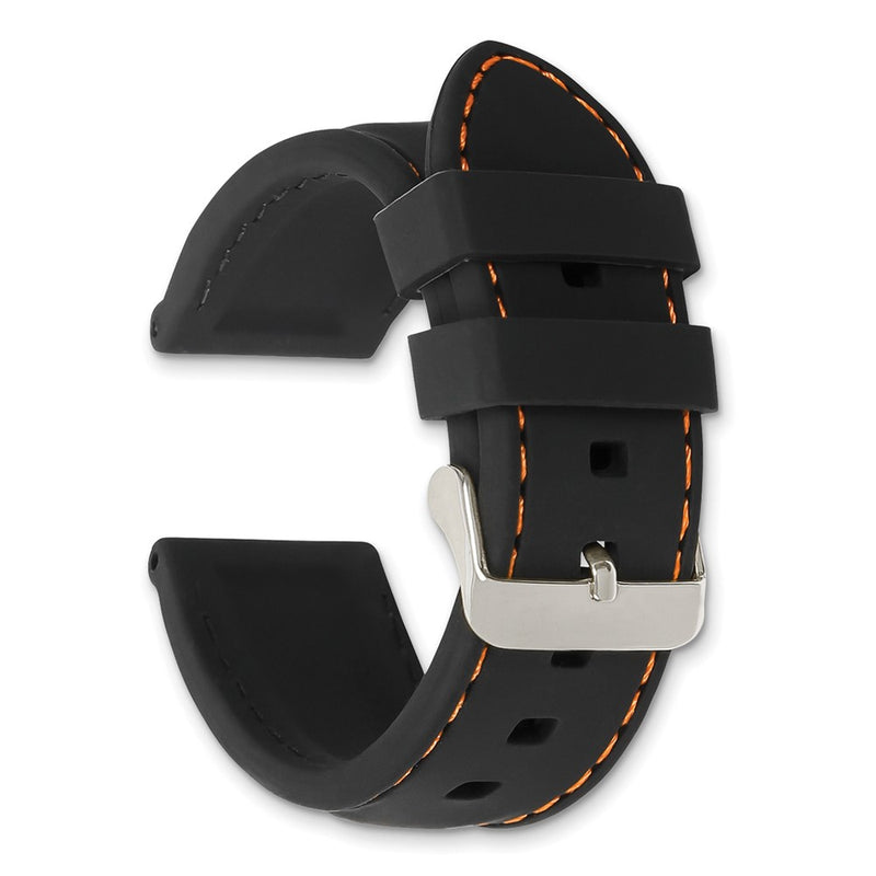 DeBeer 24mm Black Smooth Silicone with Orange Stitching and Silver-tone Buckle 8 inch Watch Band