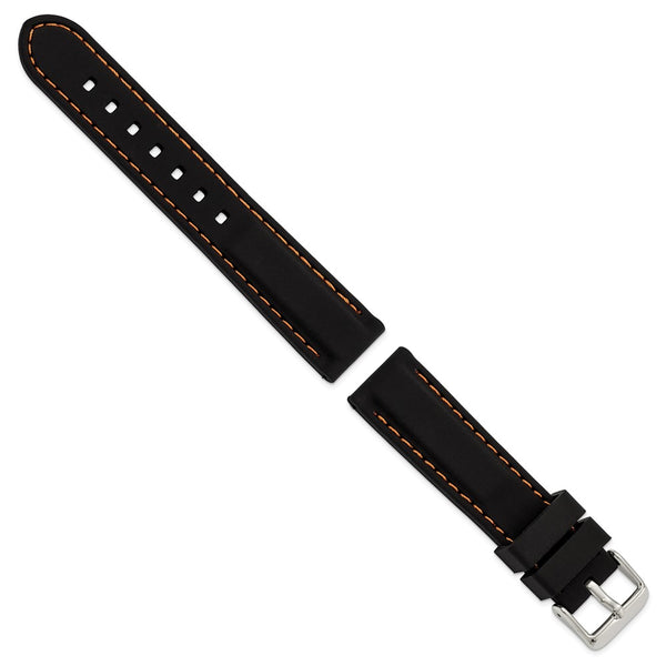 DeBeer 20mm Black Smooth Silicone with Orange Stitching and Silver-tone Buckle 8 inch Watch Band