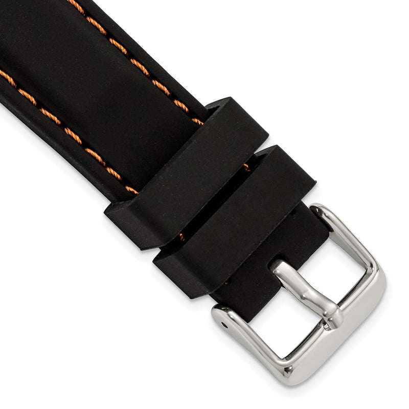 20mm Black Smooth Silicone Orange Stitch Silver-tone Buckle Watch Band