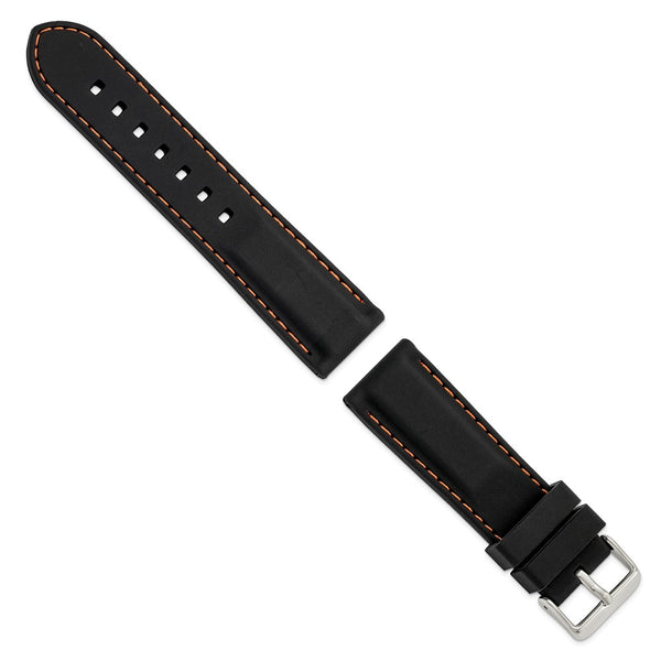 24mm Black Smooth Silicone Orange Stitch Silver-tone Buckle Watch Band