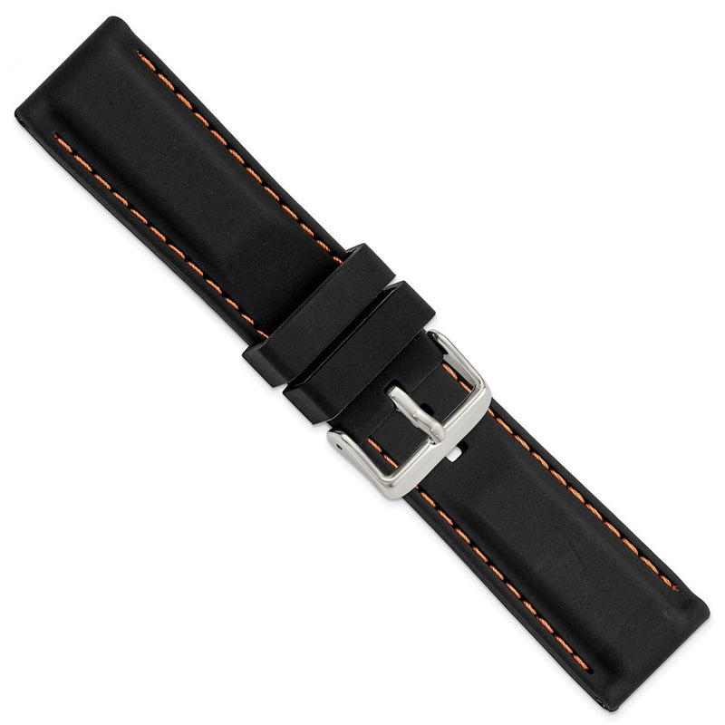 24mm Black Smooth Silicone Orange Stitch Silver-tone Buckle Watch Band