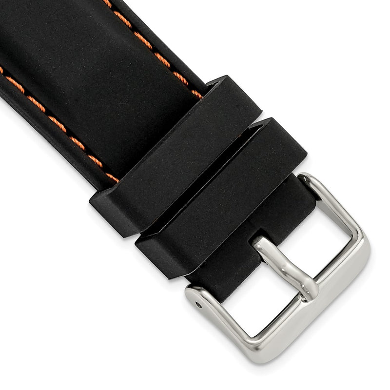 24mm Black Smooth Silicone Orange Stitch Silver-tone Buckle Watch Band