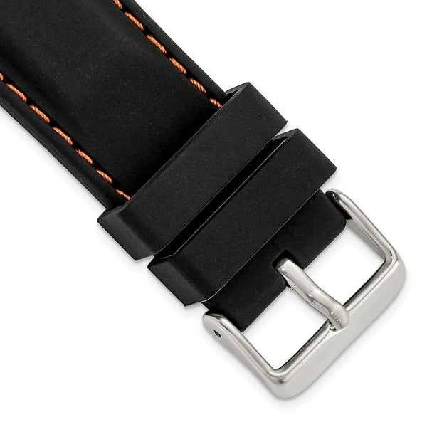 DeBeer 24mm Black Smooth Silicone with Orange Stitching and Silver-tone Buckle 8 inch Watch Band