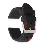 20mm Black Smooth Silicone Red Stitch Silver-tone Buckle Watch Band