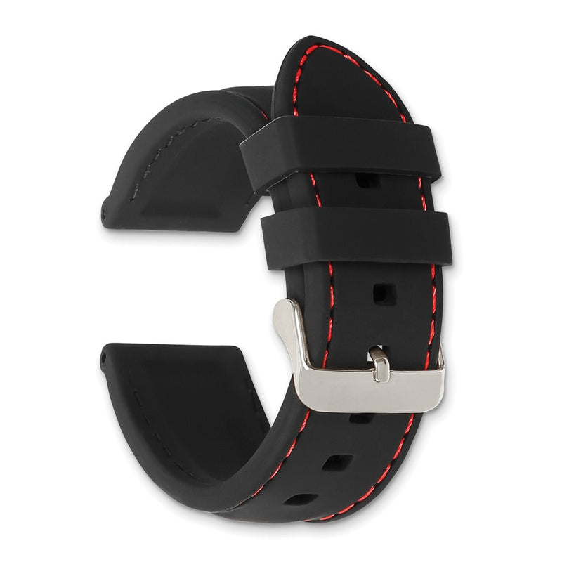 DeBeer 22mm Black Smooth Silicone with Red Stitching and Silver-tone Buckle 8 inch Watch Band