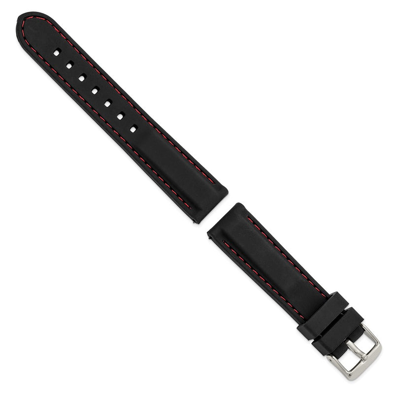 20mm Black Smooth Silicone Red Stitch Silver-tone Buckle Watch Band