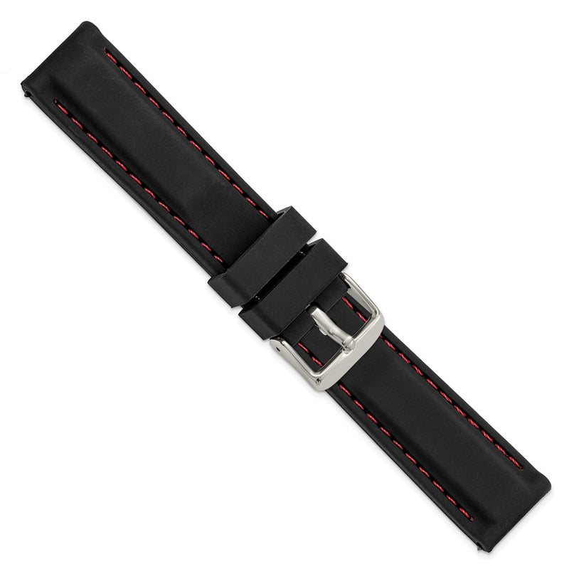 DeBeer 20mm Black Smooth Silicone with Red Stitching and Silver-tone Buckle 8 inch Watch Band
