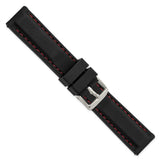 20mm Black Smooth Silicone Red Stitch Silver-tone Buckle Watch Band