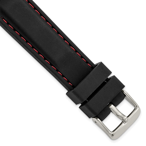 20mm Black Smooth Silicone Red Stitch Silver-tone Buckle Watch Band