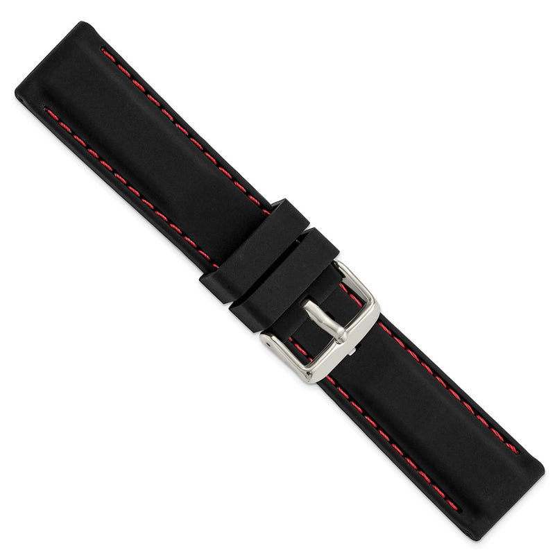 DeBeer 22mm Black Smooth Silicone with Red Stitching and Silver-tone Buckle 8 inch Watch Band