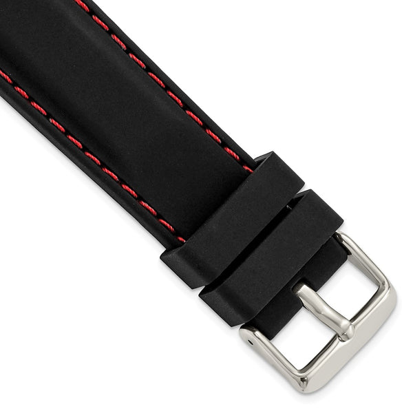 22mm Black Smooth Silicone Red Stitch Silver-tone Buckle Watch Band