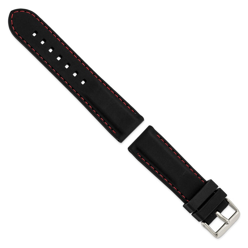 DeBeer 24mm Black Smooth Silicone with Red Stitching and Silver-tone Buckle 8 inch Watch Band