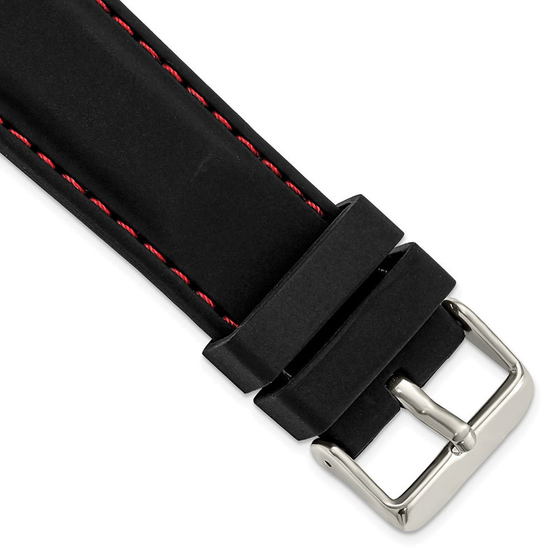 DeBeer 24mm Black Smooth Silicone with Red Stitching and Silver-tone Buckle 8 inch Watch Band