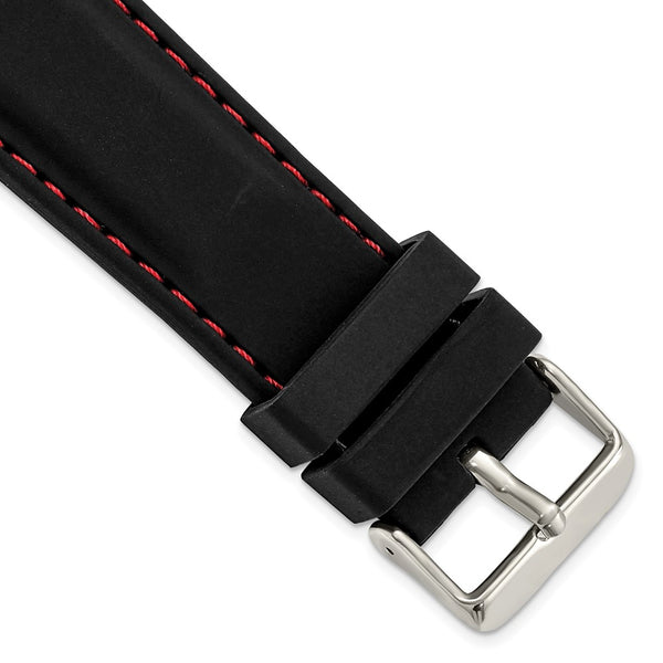 24mm Black Smooth Silicone Red Stitch Silver-tone Buckle Watch Band