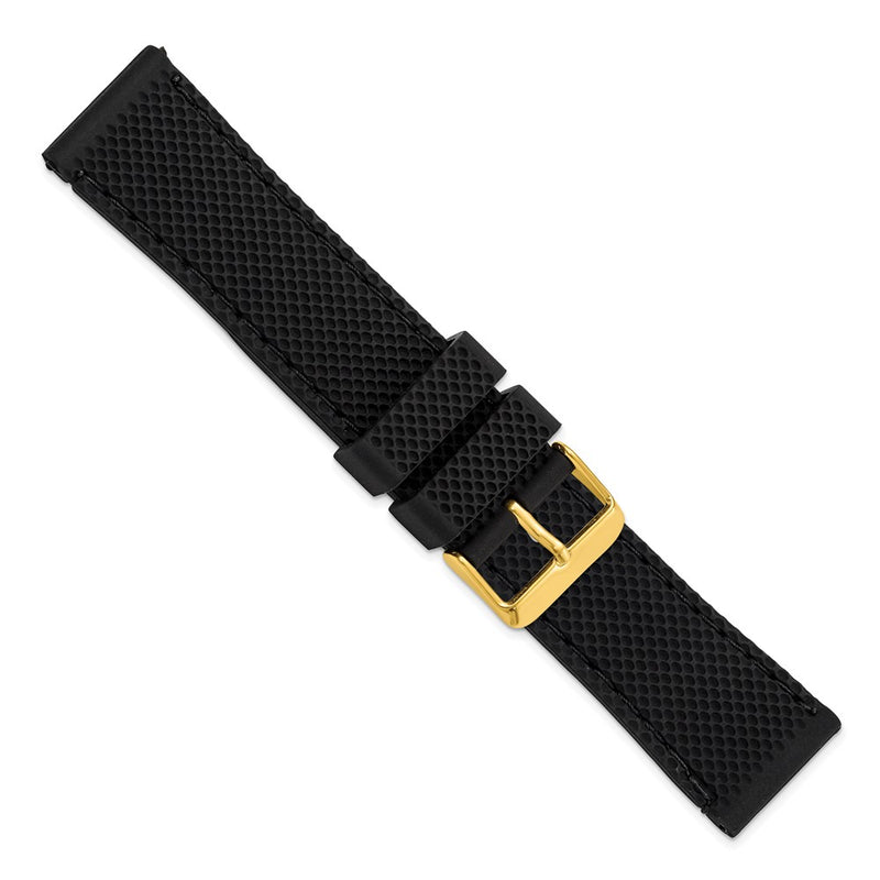 DeBeer 22mm Black Textured Silicone with Black Stitching and Gold-tone Buckle 8 inch Watch Band