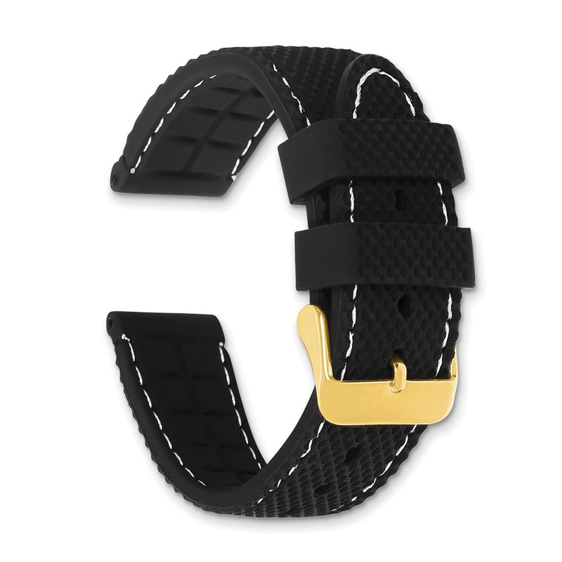 DeBeer 22mm Black Textured Silicone with White Stitching and Gold-tone Buckle 8 inch Watch Band