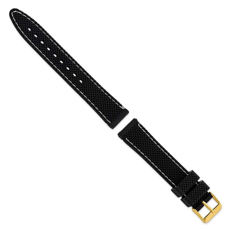 DeBeer 18mm Black Textured Silicone with White Stitching and Gold-tone Buckle 8 inch Watch Band