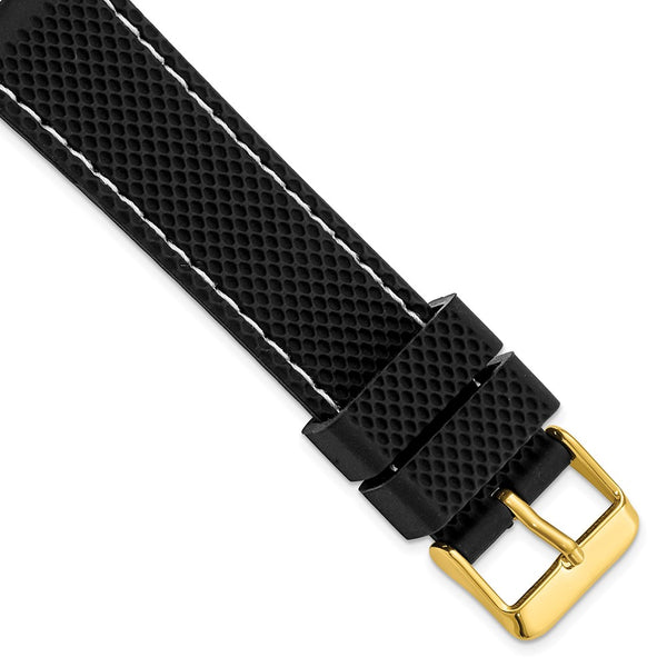DeBeer 20mm Black Textured Silicone with White Stitching and Gold-tone Buckle 8 inch Watch Band