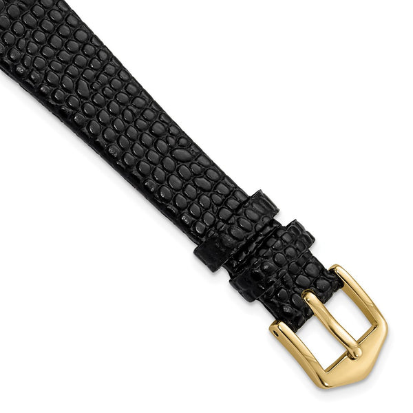 Gilden 14mm Black Flat Lizard Grain Calfskin Leather with Gold-tone Aluminum Buckle 6.75 inch Watch Band