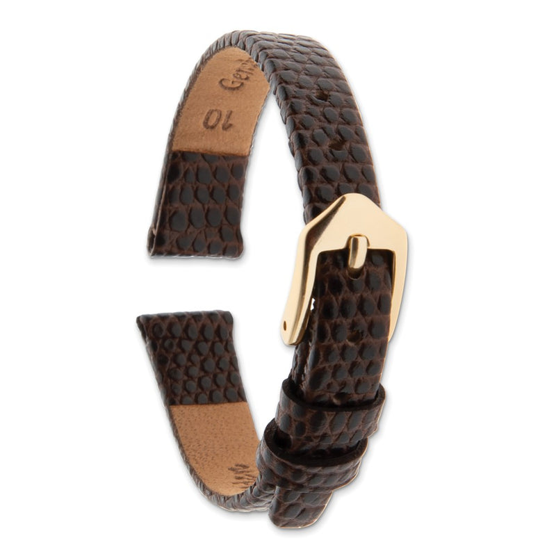 Gilden 10mm Dark Brown Flat Lizard Grain Calfskin Leather with Gold-tone Aluminum Buckle 6.75 inch Watch Band