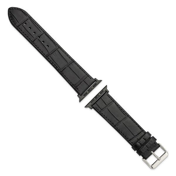 Gilden for Apple 42/44mm Smart Watch Extra-Long Black Gator Grain Calfskin Leather with Black Adapters and Stainless Steel Buckle 8.25 inch Watch Band