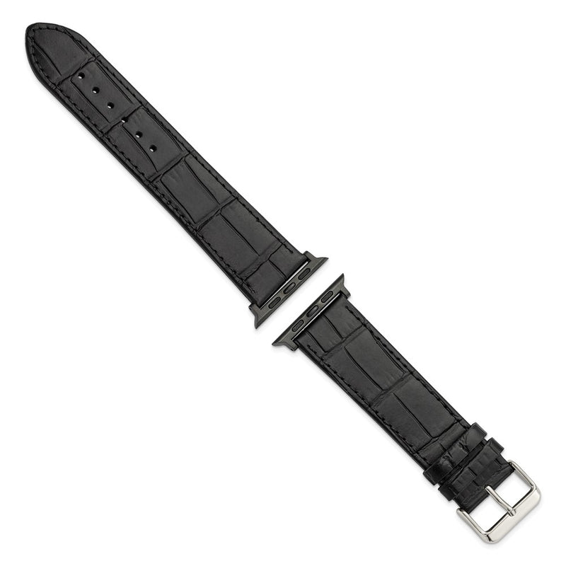 Gilden for Apple 42/44mm Smart Watch Extra-Long Black Gator Grain Calfskin Leather with Black Adapters and Stainless Steel Buckle 8.25 inch Watch Band