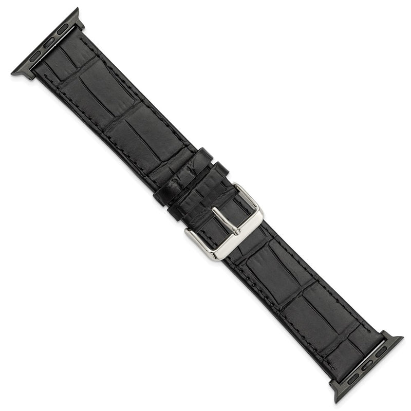 Gilden for Apple 42/44mm Smart Watch Extra-Long Black Gator Grain Calfskin Leather with Black Adapters and Stainless Steel Buckle 8.25 inch Watch Band