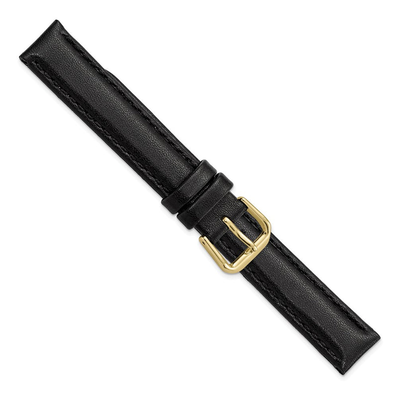 15mm Black Smooth Leather Gold-tone Buckle Watch Band