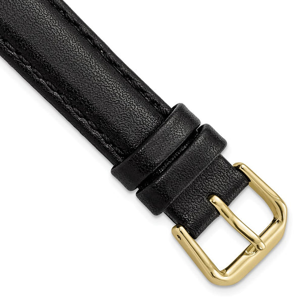 15mm Black Smooth Leather Gold-tone Buckle Watch Band