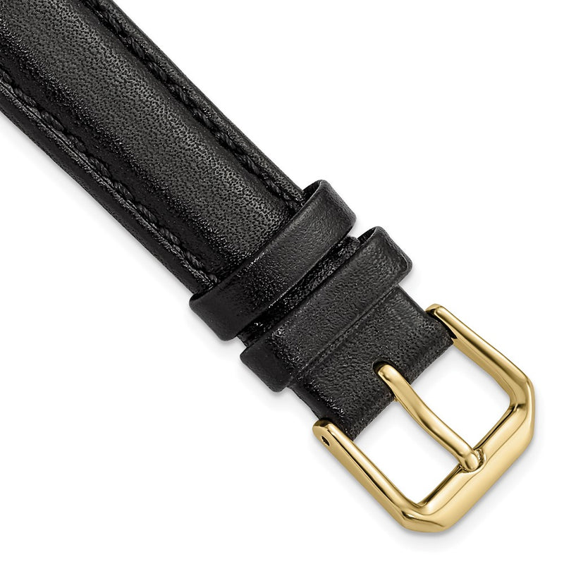 16mm Black Smooth Leather Gold-tone Buckle Watch Band