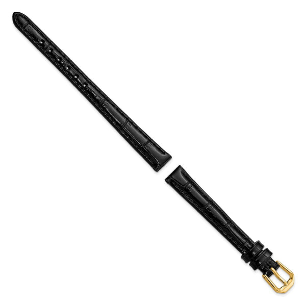 DeBeer 10mm Black Crocodile Grain Leather with Dark Stitching and Gold-tone Buckle 6.75 inch Watch Band