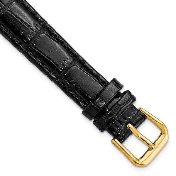 14mm Black Crocodile Dark Stitch Gold-tone Buckle Watch Band