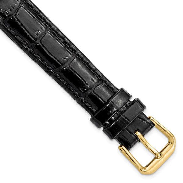 16mm Black Crocodile Dark Stitch Gold-tone Buckle Watch Band