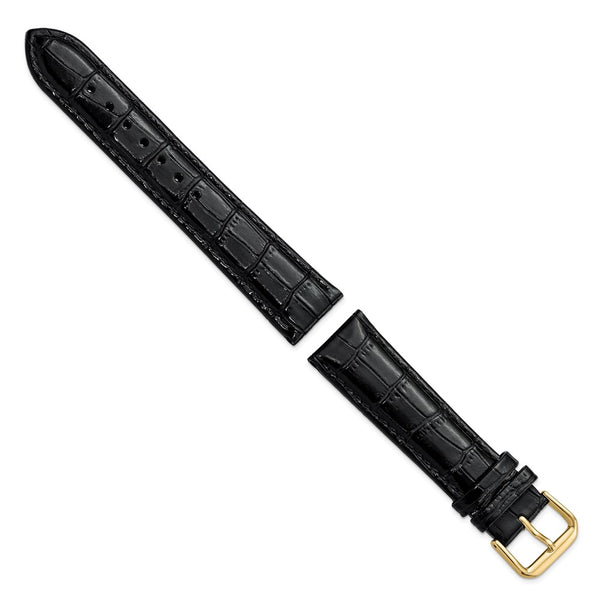 DeBeer 20mm Black Crocodile Grain Leather with Dark Stitching and Gold-tone Buckle 7.5 inch Watch Band
