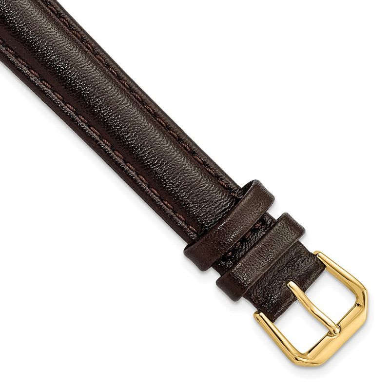 16mm Extra Long Dark Brown Smooth Leather Gold-tone Watch Band