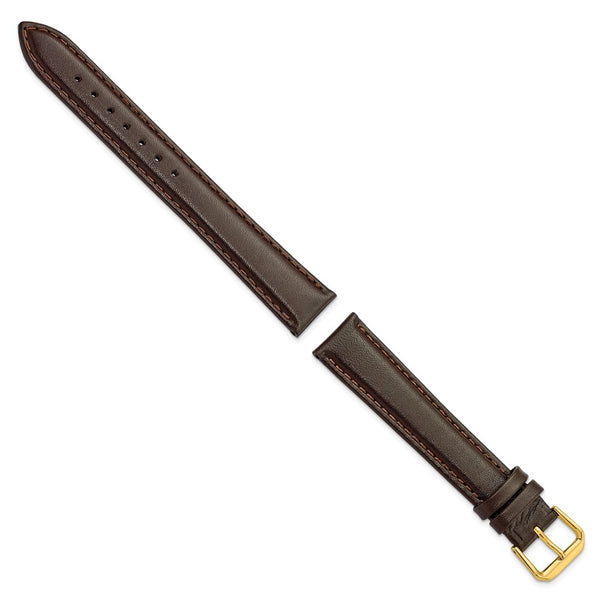 18mm Extra Long Dark Brown Smooth Leather Gold-tone Watch Band