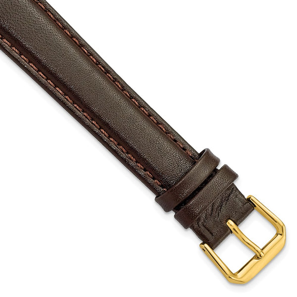 18mm Extra Long Dark Brown Smooth Leather Gold-tone Watch Band