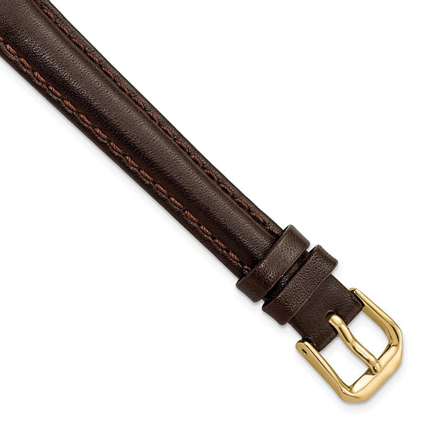 12mm Long Dark Brown Smooth Leather Gld-tone Buckle Watch Band