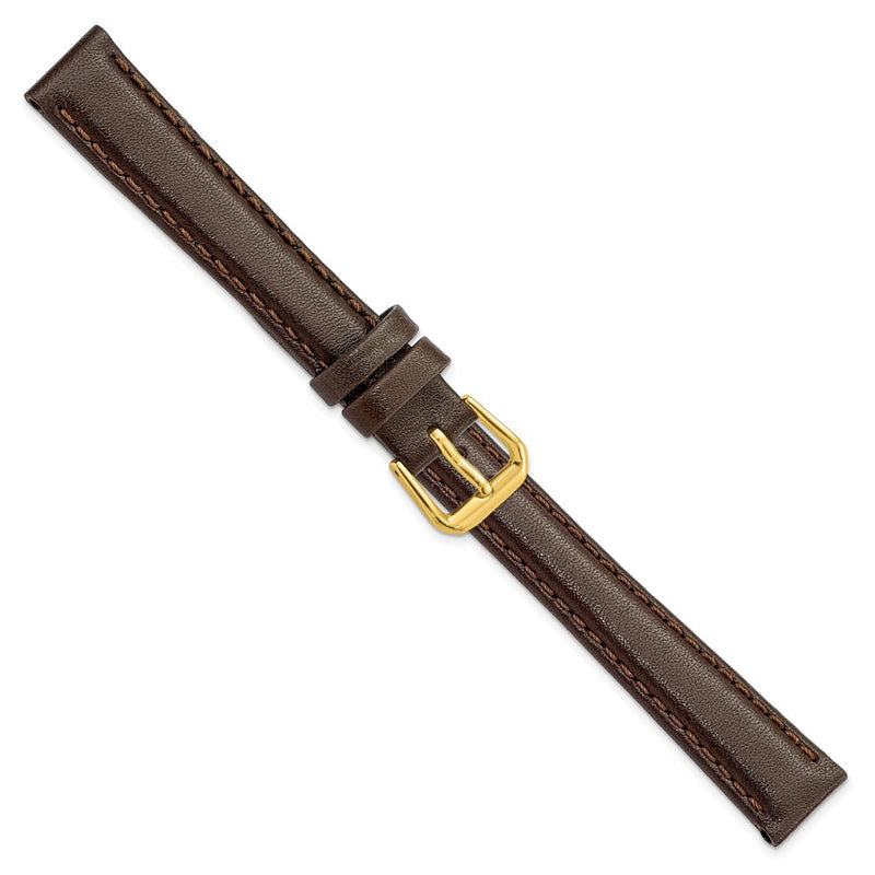 14mm Long Dark Brown Smooth Leather Gld-tone Buckle Watch Band