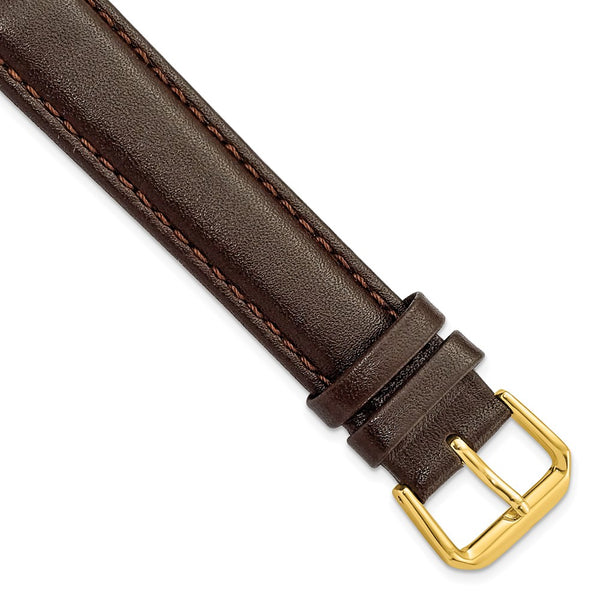 18mm Long Dark Brown Smooth Leather Gld-tone Buckle Watch Band