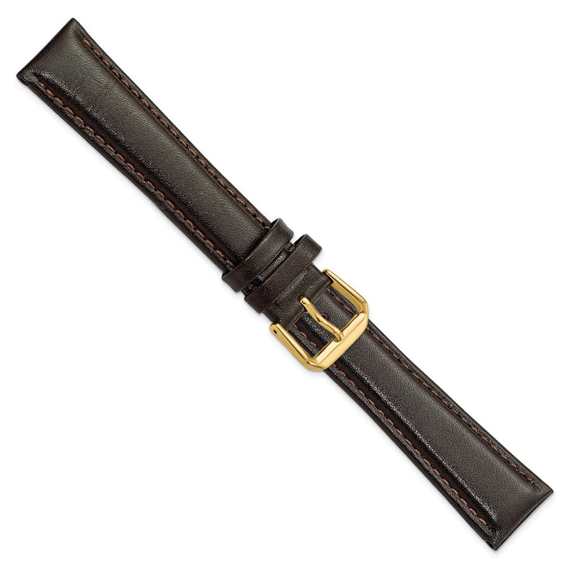 19mm Long Dark Brown Smooth Leather Gld-tone Buckle Watch Band