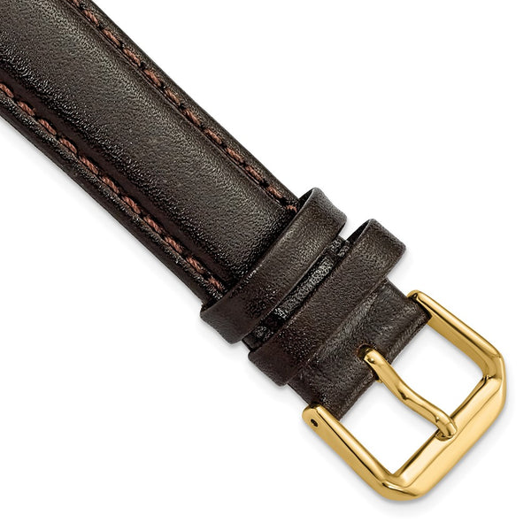 19mm Long Dark Brown Smooth Leather Gld-tone Buckle Watch Band